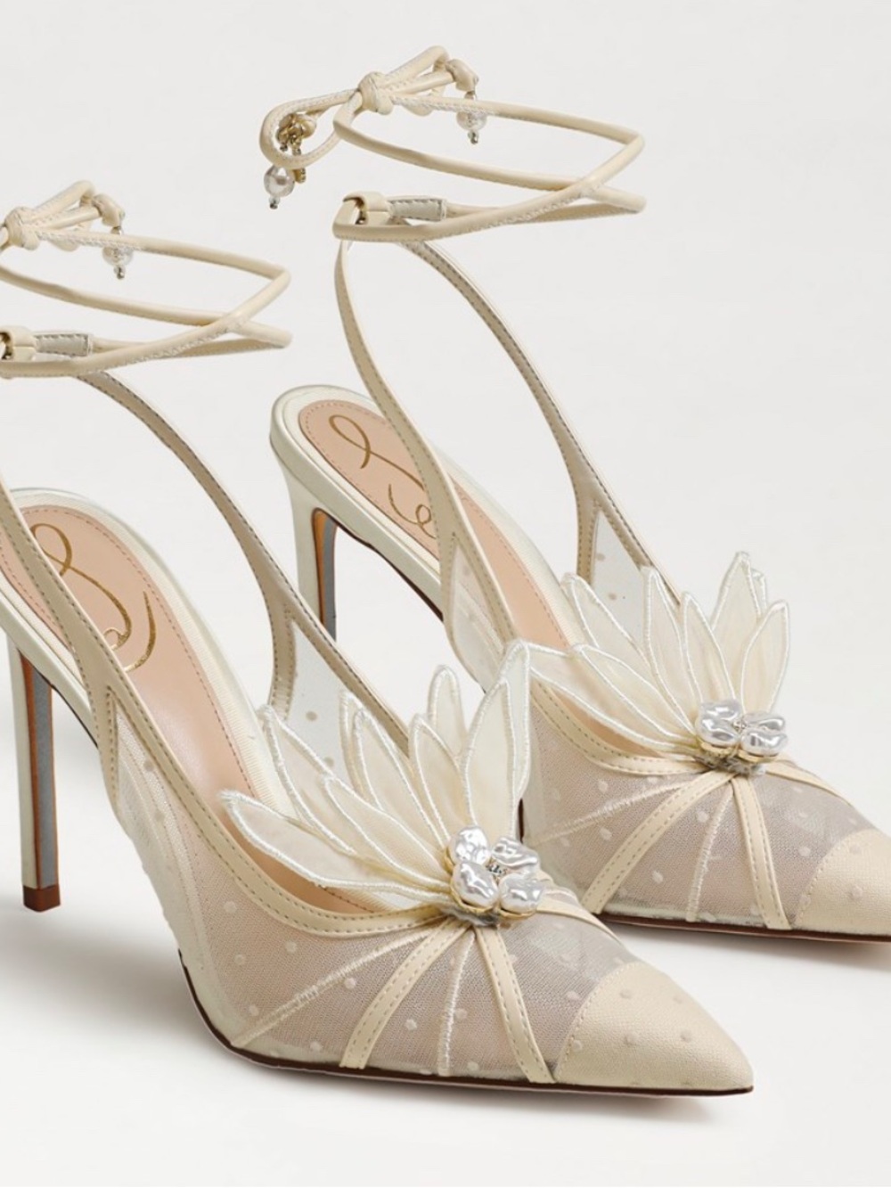 Sam Edelman Elegant bride shoes Ankle-Tie Pointed Toe Heels with Floral Accent